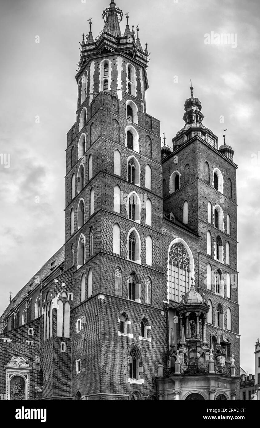 B&W antique Mariacki church in Cracow ( Krakow ), Poland Stock Photo