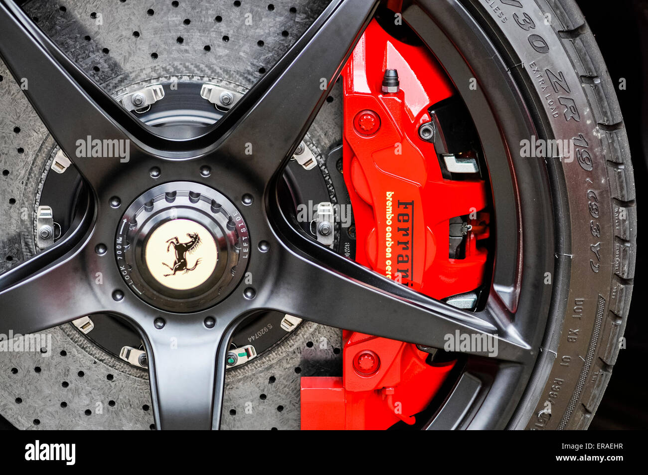 Brembo ceramic brakes on a Ferrari LaFerrari (F150) hybrid supercar Stock Photo
