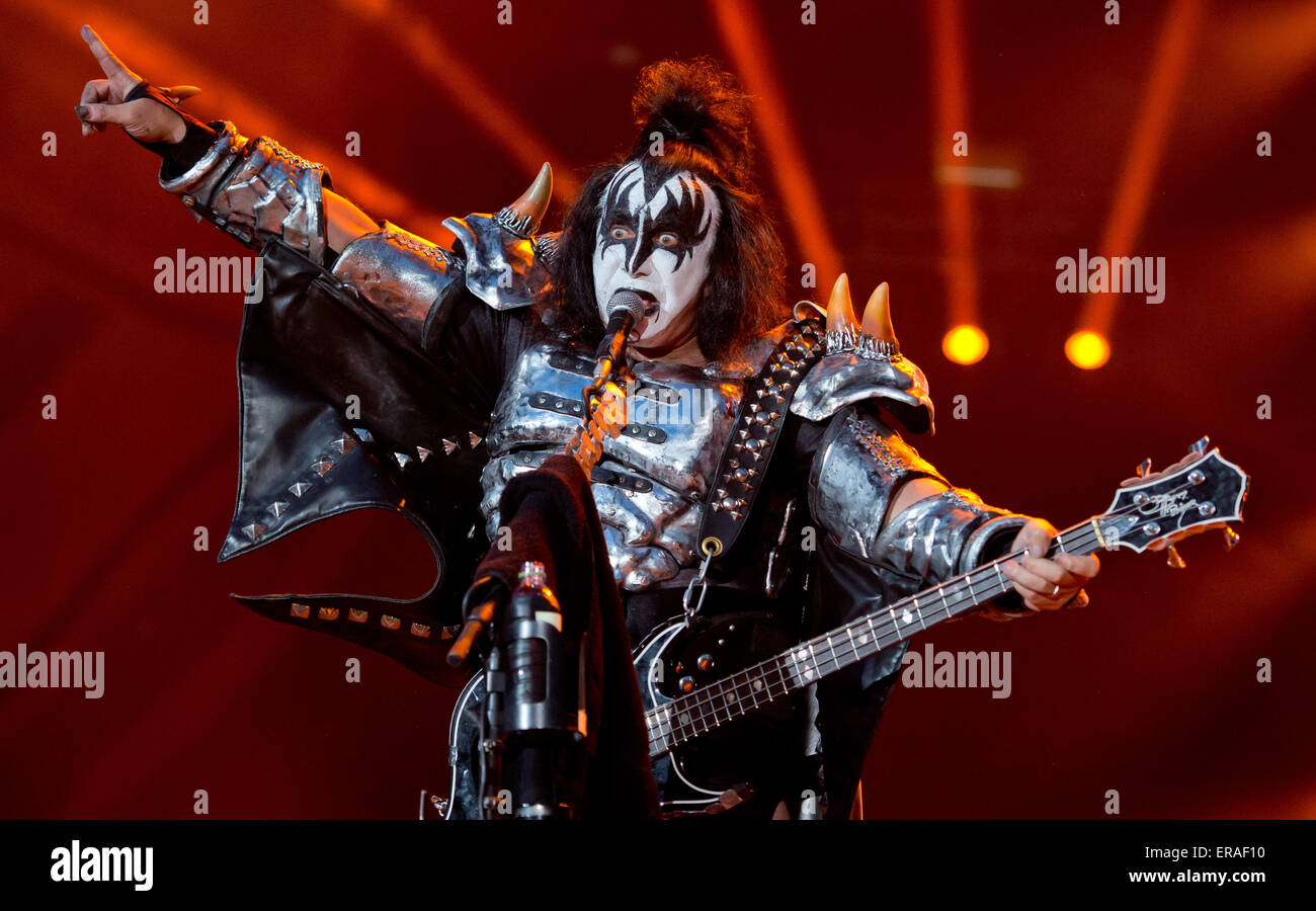 Munich, Germany. 30th May, 2015. Singer and guitarist Gene Simmons of US rock band Kiss performs on stage during the Rockavaria Music Festival in Munich, Germany, 30 May 2015. Photo: Sven Hoppe/dpa/Alamy Live News Stock Photo