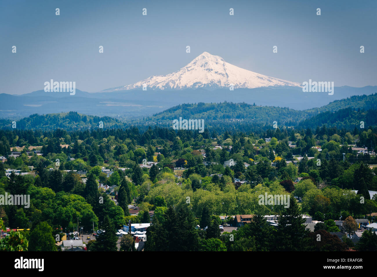 View of Mount Hood from Mount Tabor, in Portland, Oregon Stock Photo