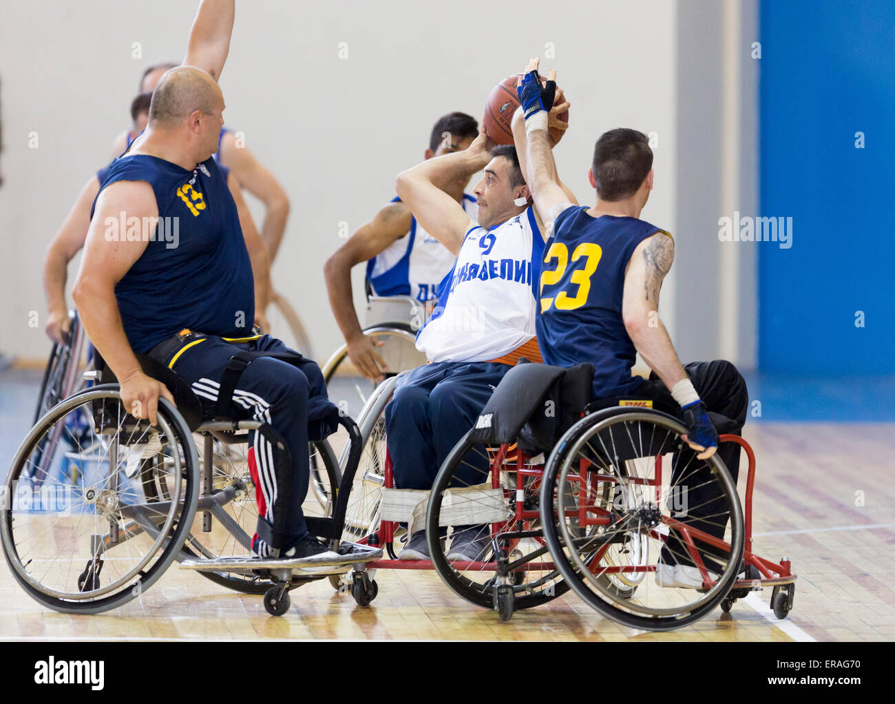 Sofia, Bulgaria - May 16, 2015: Physically disabled people are playing basketball in the Sofia's Cup tournament. Match between S Stock Photo