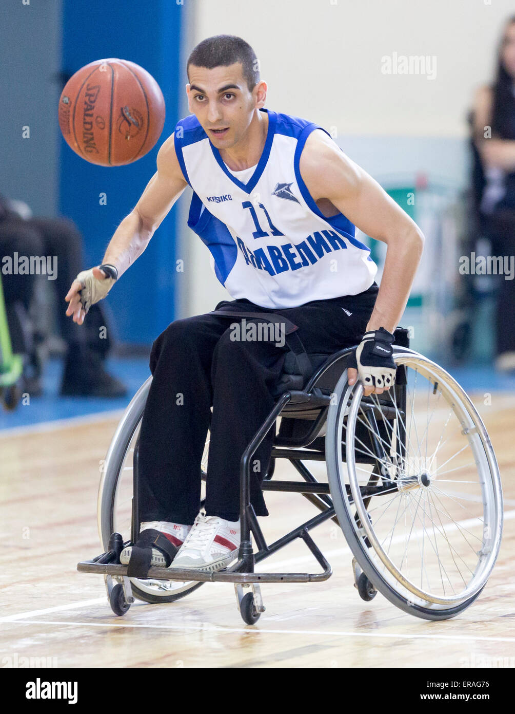 Sofia, Bulgaria - May 16, 2015: Physically disabled people are playing basketball in the Sofia's Cup tournament. Match between S Stock Photo