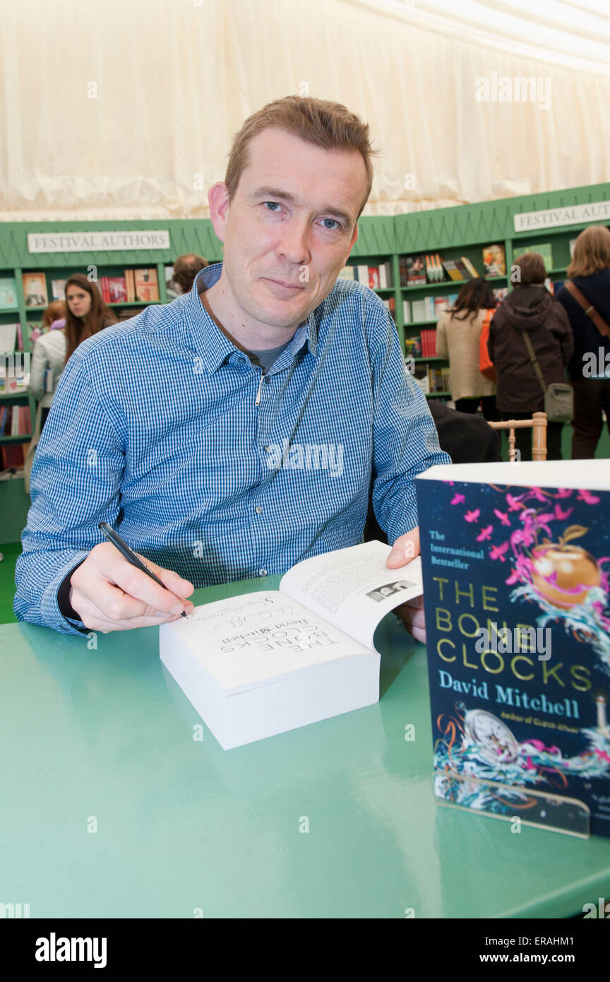 Hay-on-Wye, Powys, UK. 30th May 2015. Author David Mitchell signs copies of his book - Bone Clocks - at the Hay Festival Bookshop. Credit:  Graham M. Lawrence/Alamy Live News. Stock Photo