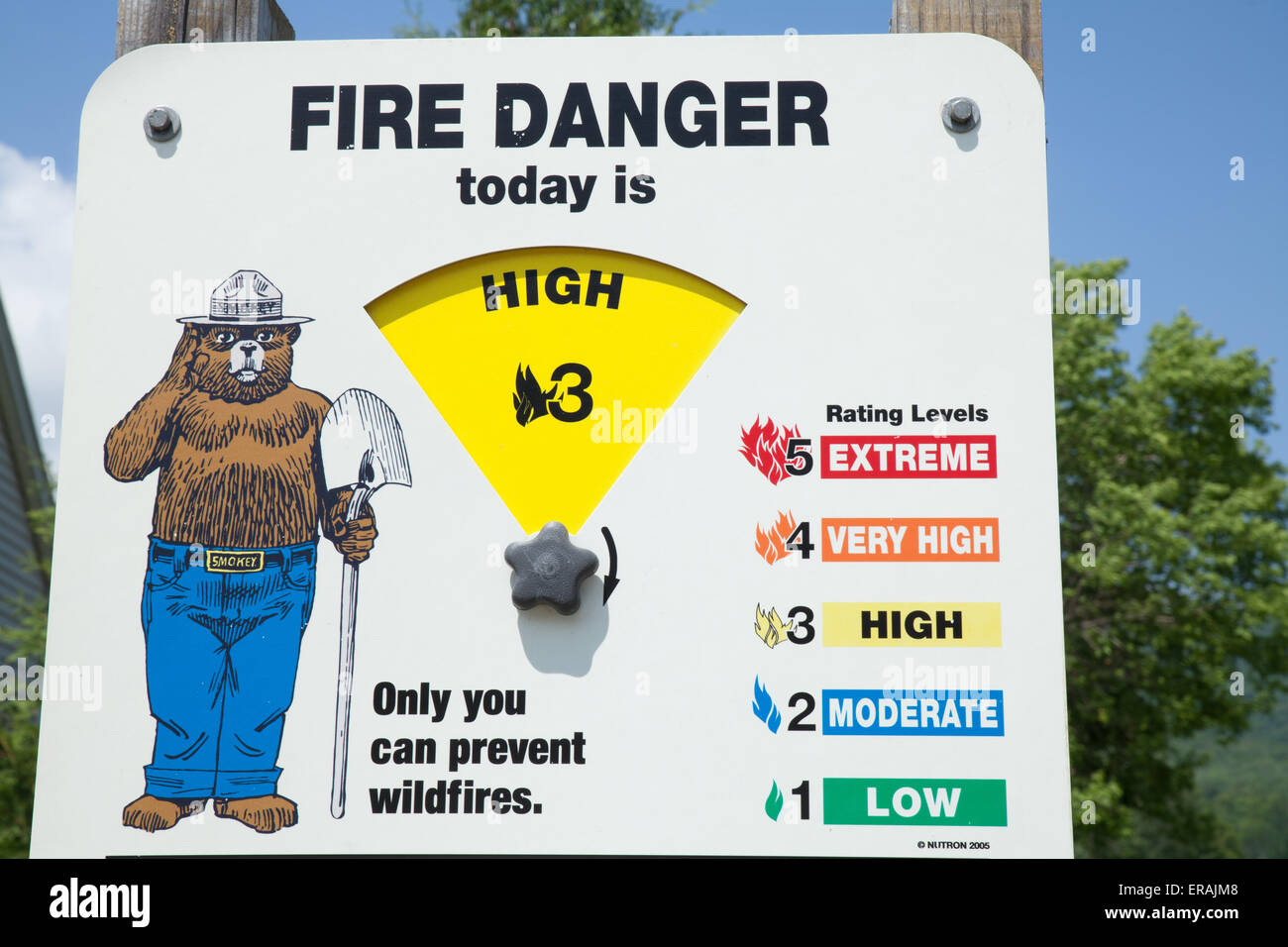 Smokey the Bear fire warning sign notifies of spring drought hazard in