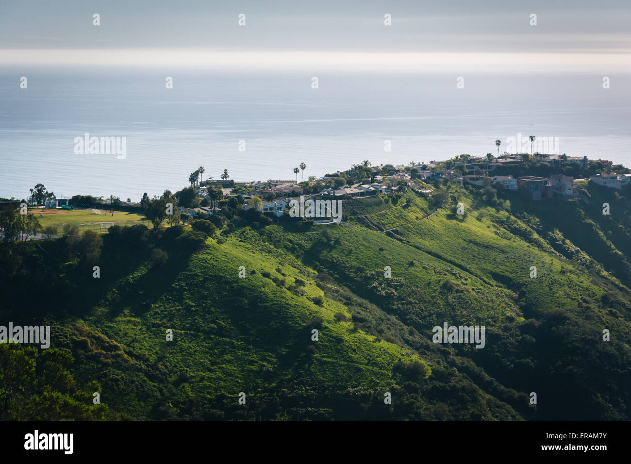 View of green hills and houses overlooking the Pacific Ocean, in Laguna ...