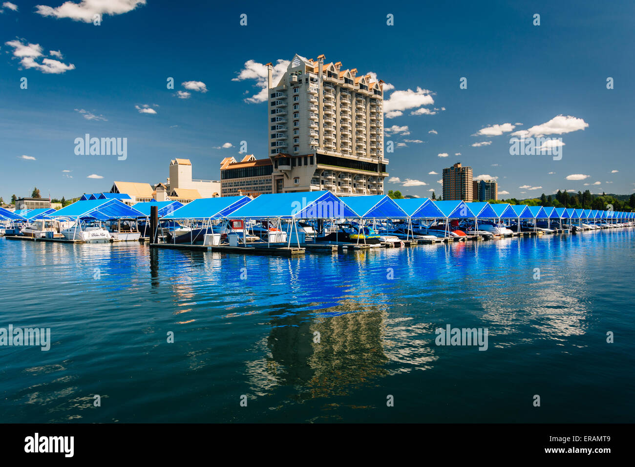 Marina and buildings along Lake Coeur d'Alene, in Coeur d'Alene, Idaho. Stock Photo