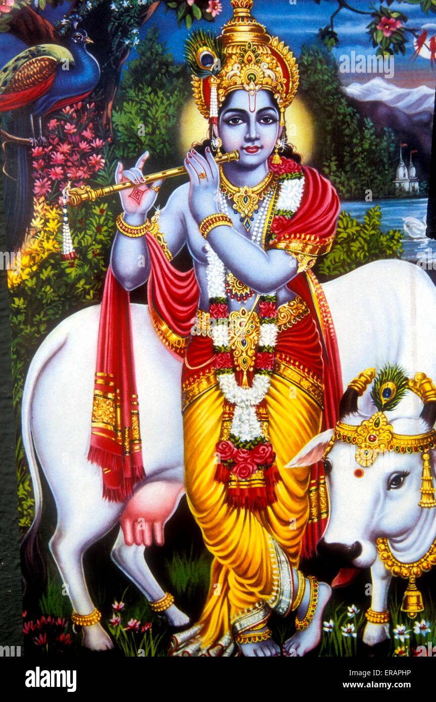 Painting of Lord Krishna in the meadow with the sacred cow Stock Photo