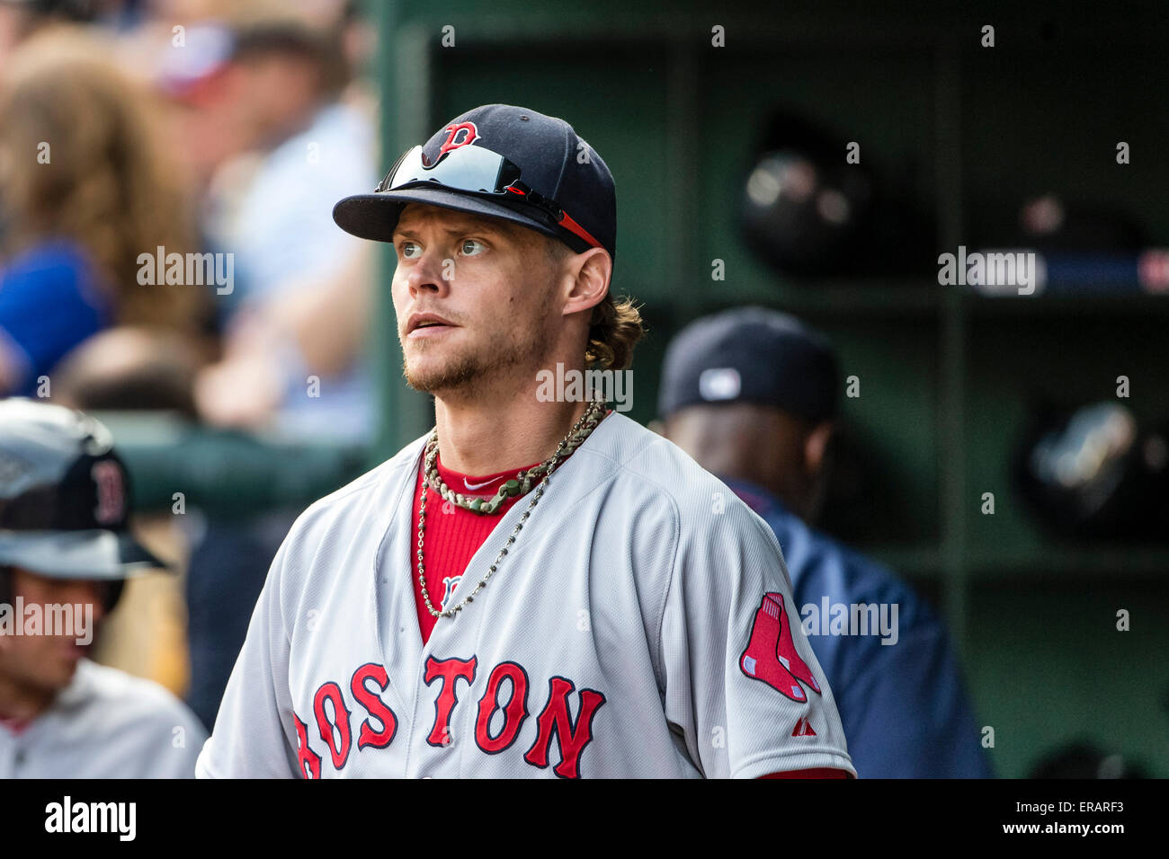 Arlington, Texas, USA. 30th May, 2015. Boston Red Sox starting pitcher Clay Buchholz (11) in the dugout during the the Major League Baseball game between the Boston Red Sox and the Texas Rangers at Globe Life Park in Arlington, Texas. Tim Warner/CSM/Alamy Live News Stock Photo