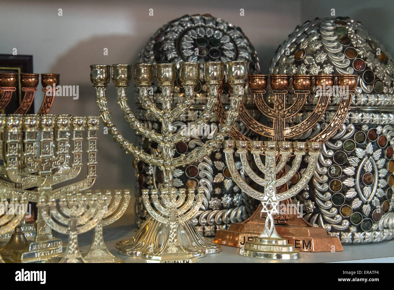 Jewish holiday Hanukkah of silver in the souvenir shop . Stock Photo