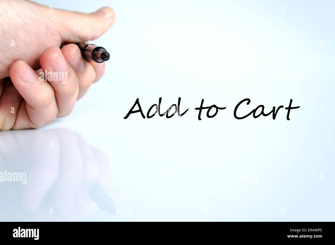Pen in the hand isolated over white background Add to Cart concept Stock Photo
