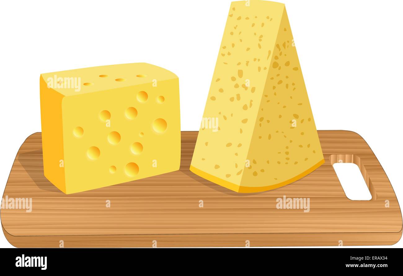 two slices of cheese on a wooden board Stock Vector