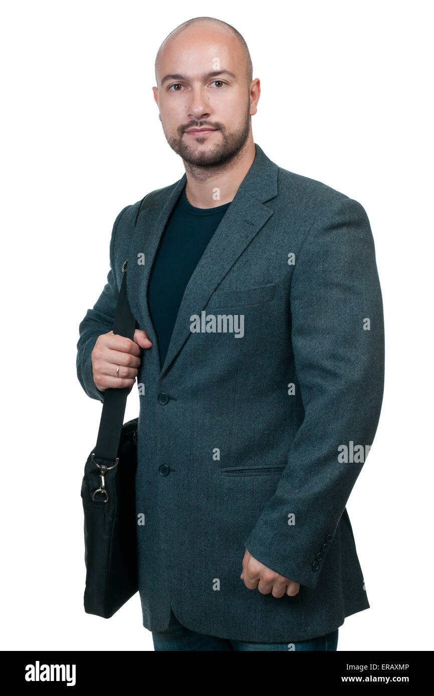 Portrait of young professional wearing stylish clothes, holding laptop computer bag Stock Photo