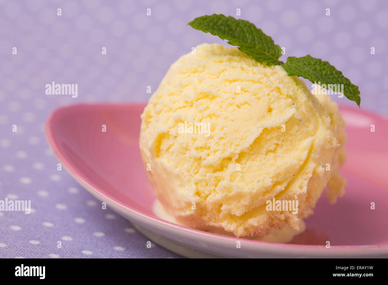 A fresh scoop of vanilla ice cream with peppermint on a plate Stock Photo