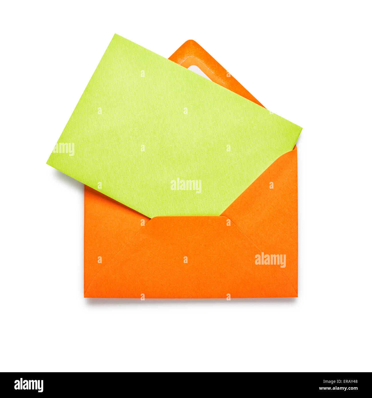 Orange envelope with green card isolated on white background. Object with clipping path Stock Photo