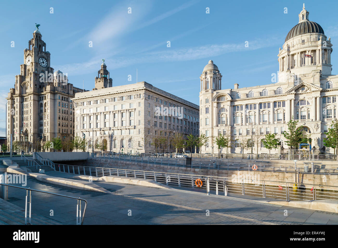 A general view at evening of the 'Three Graces' on the Pier Head waterfront in Liverpool. Stock Photo