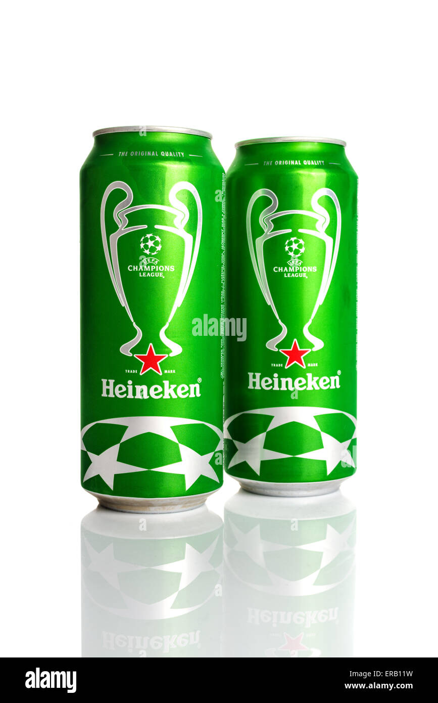 NOVI SAD, SERBIA - MAY 14, 2015: Heineken Beer Can with UEFA Champions League Logo as Illustrative Editorial. This Brewer has Ex Stock Photo