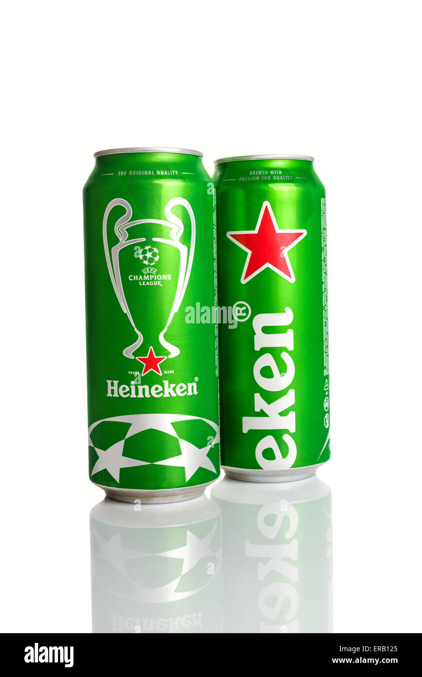 NOVI SAD, SERBIA - MAY 14, 2015: Heineken Beer Can with UEFA Champions League Logo as Illustrative Editorial. This Brewer has Ex Stock Photo