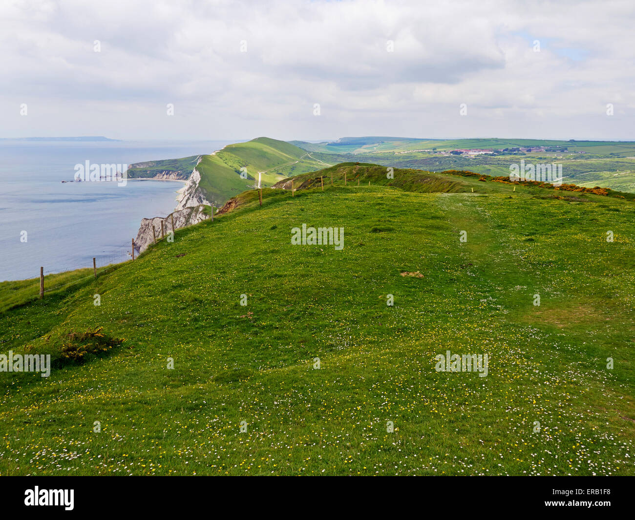 Looking along the Purbeck Hills towards Lulworth from the old hill fort at Flowers Barrow on Rings Hill above Tyneham, Dorset Stock Photo