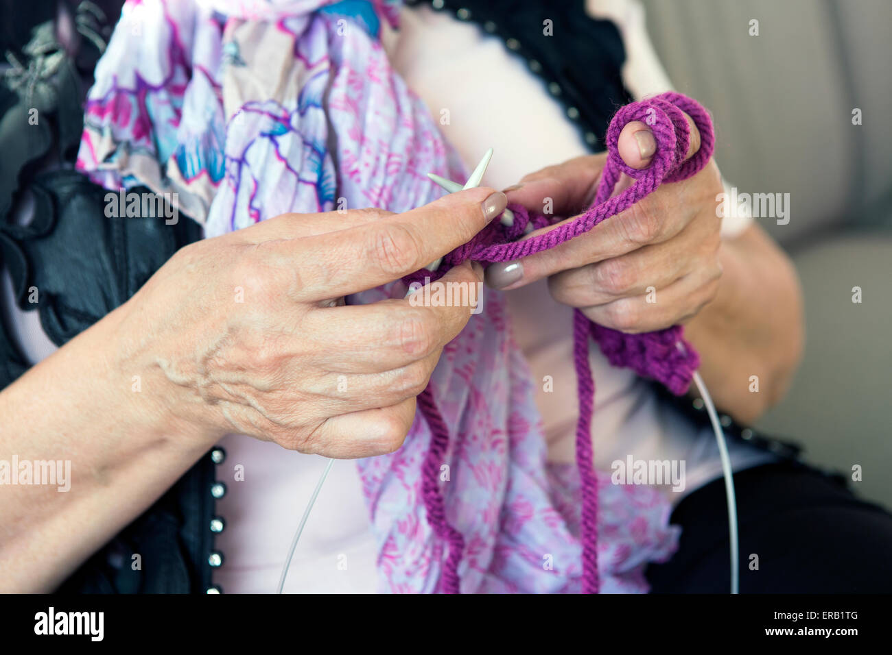 close-up of senior knitting hands Stock Photo