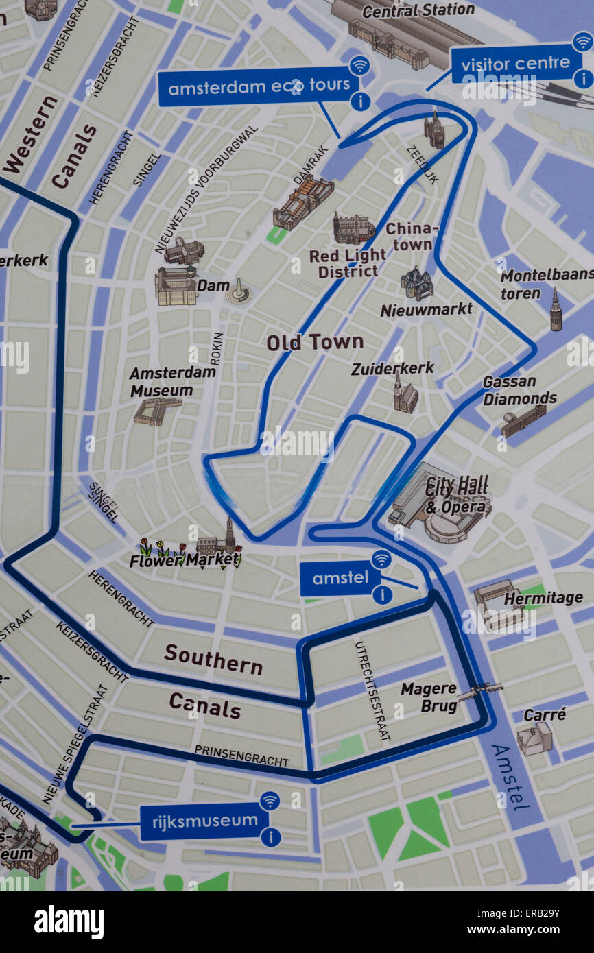 Walking Tourist map of Amsterdam Holland Stock Photo