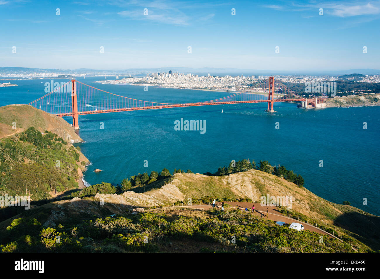 View of the Golden Gate Bridge from Hawk Hill,  Golden Gate National Recreation Area, in San Francisco, California. Stock Photo
