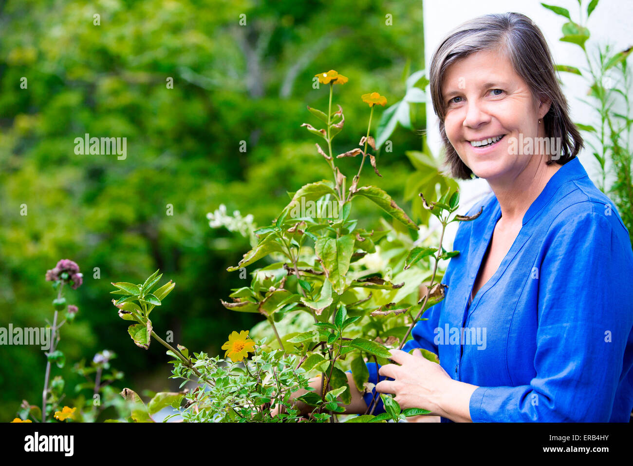 portrait of an older woman on her balcony and smiling Stock Photo - Alamy