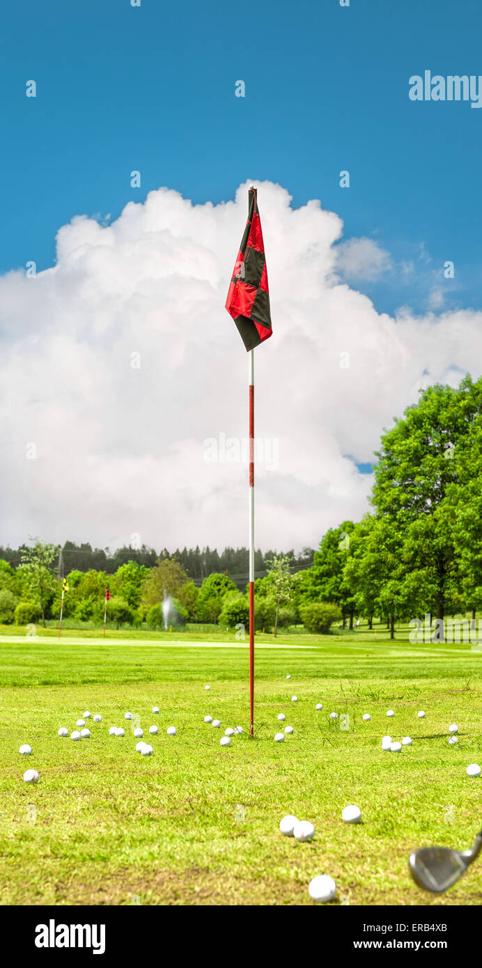 Golf field and cloudy blue sky. Spring landscape with green grass and trees Stock Photo