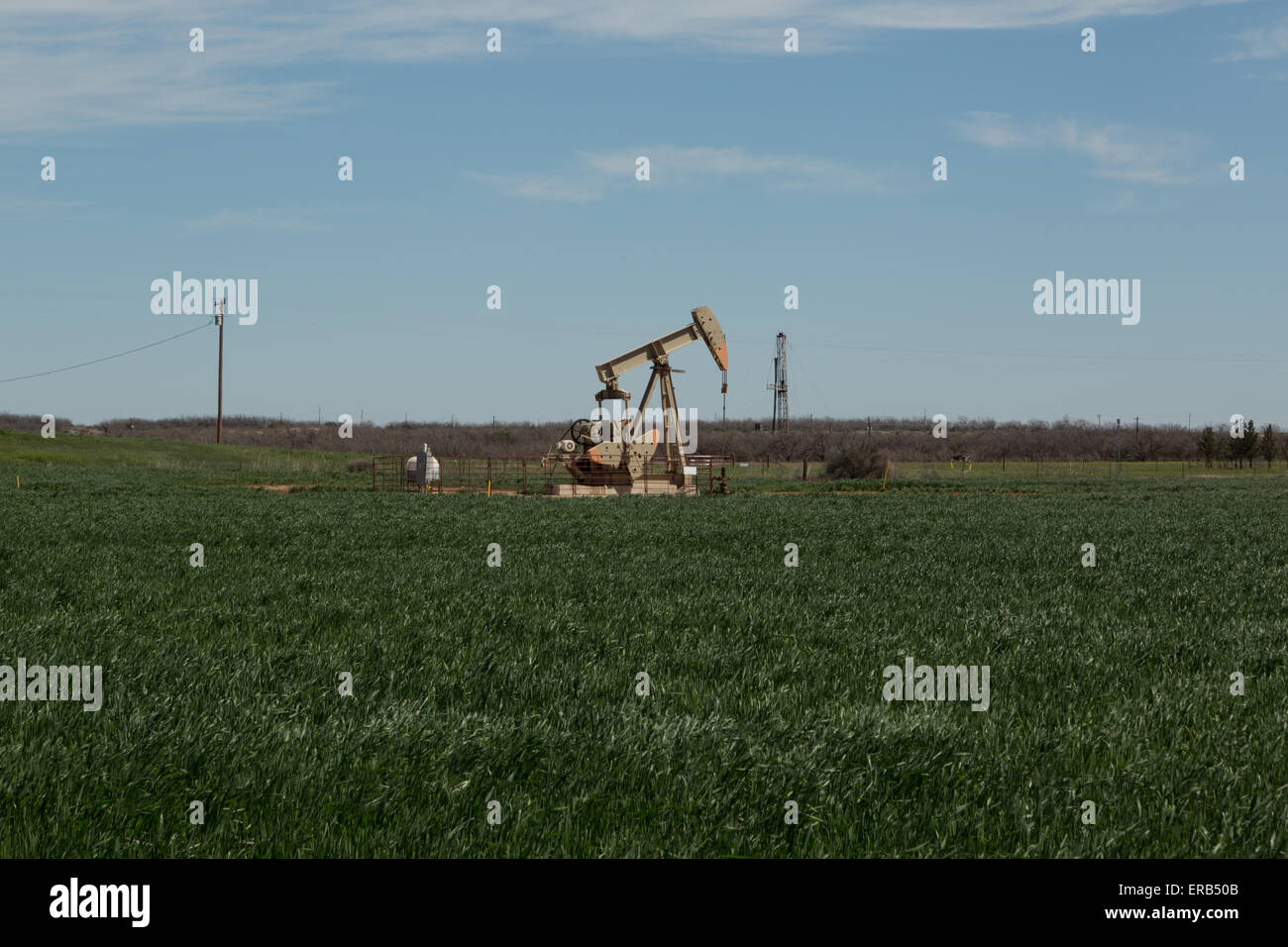 A photograph of working inland oil pump (oil donkey, nodding donkey) in