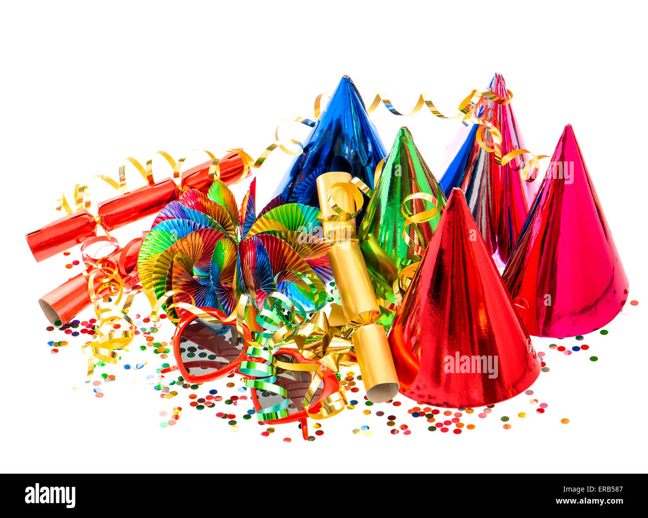 Garlands, streamer, party hats and confetti. Festive decorations and items background Stock Photo