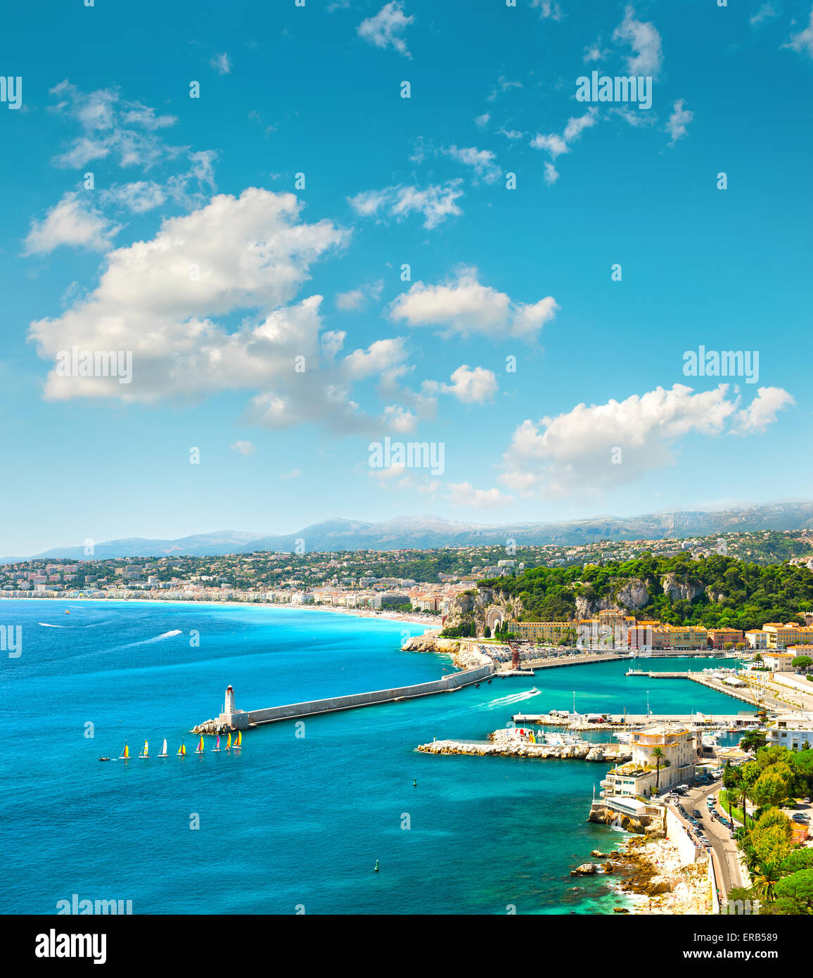 View of mediterranean resort, Nice city, France. Azure sea water and perfect sunny blue sky Stock Photo