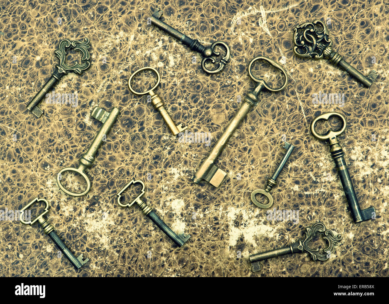 Old golden keys over vintage paper background in animal leather design. Retro style toned picture Stock Photo