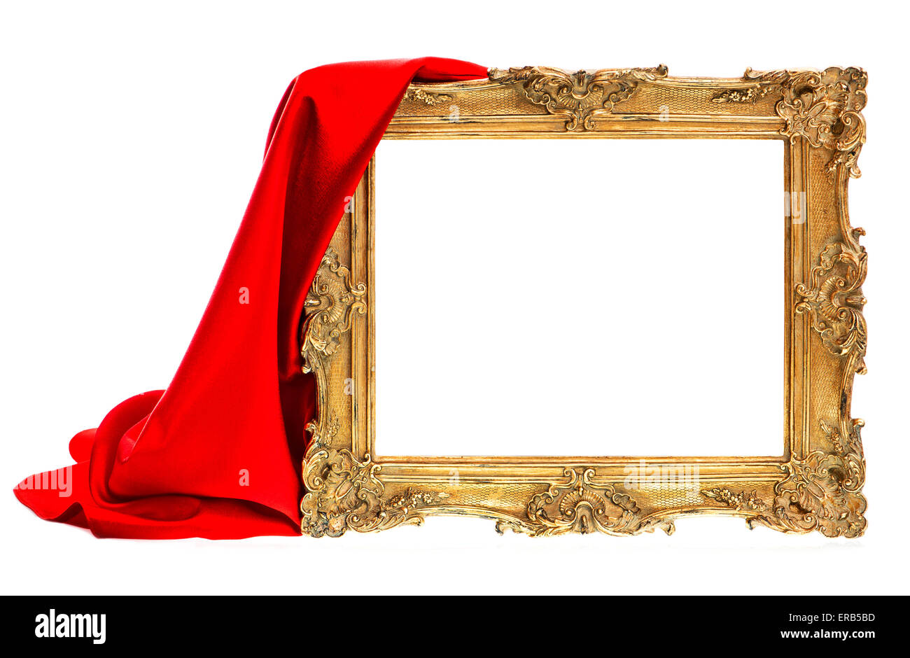 Golden antique frame with red silk decoration isolated on white background Stock Photo