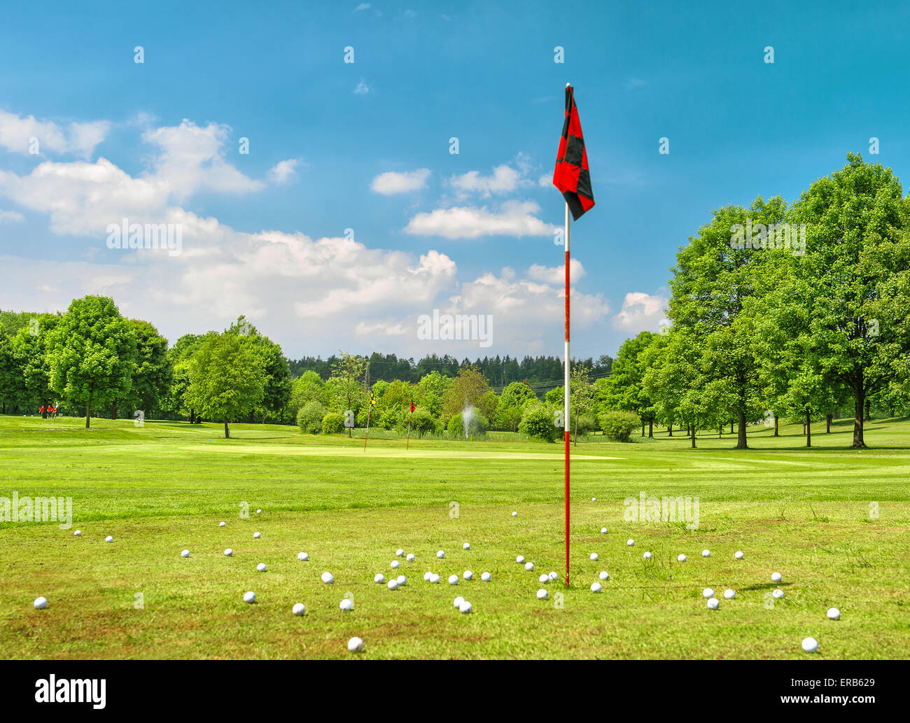 Golf field and cloudy blue sky. European spring landscape with green grass and trees Stock Photo