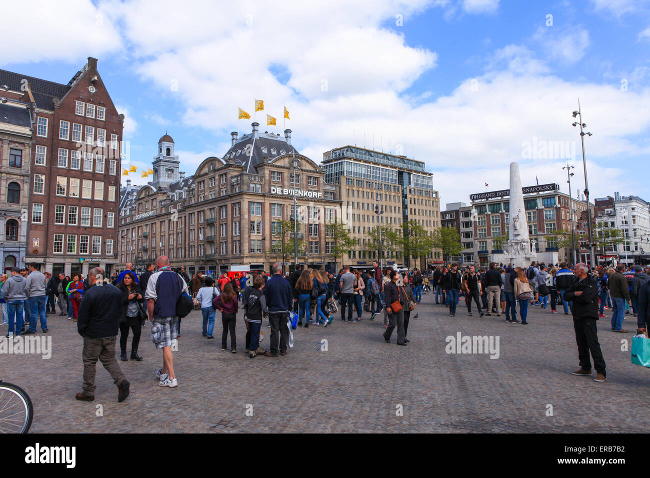 Amsterdam's Dam square with the National monument in the background, Dam square is located half a mile from Amsterdam central Stock Photo