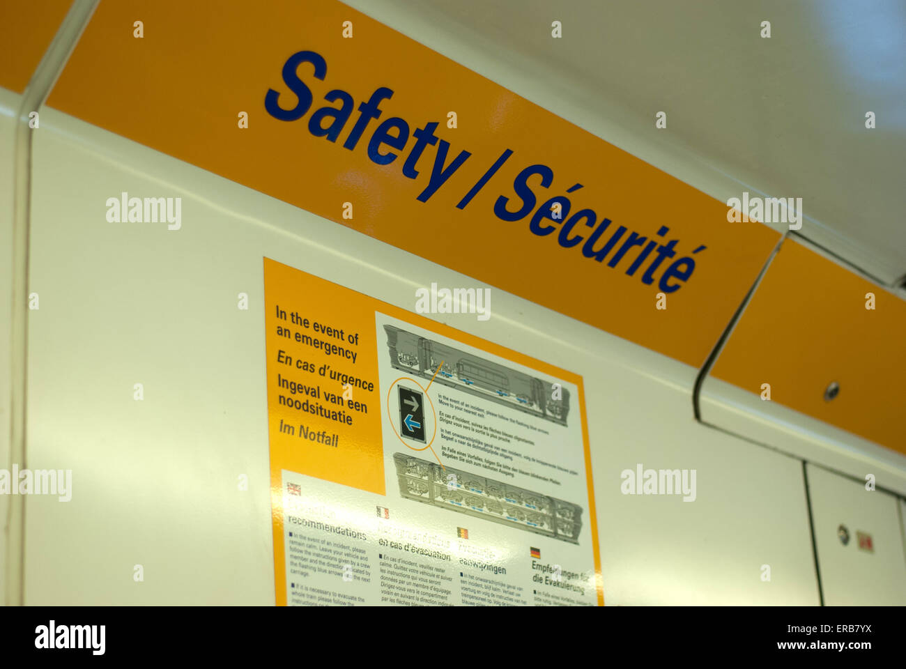 Security signs in the Channel Tunnel, Eurotunnel interior trains Stock Photo