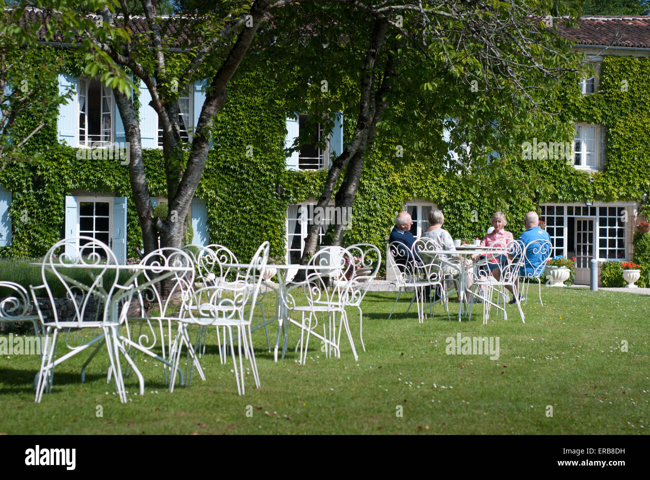 Diners on the lawn of a french country house Stock Photo