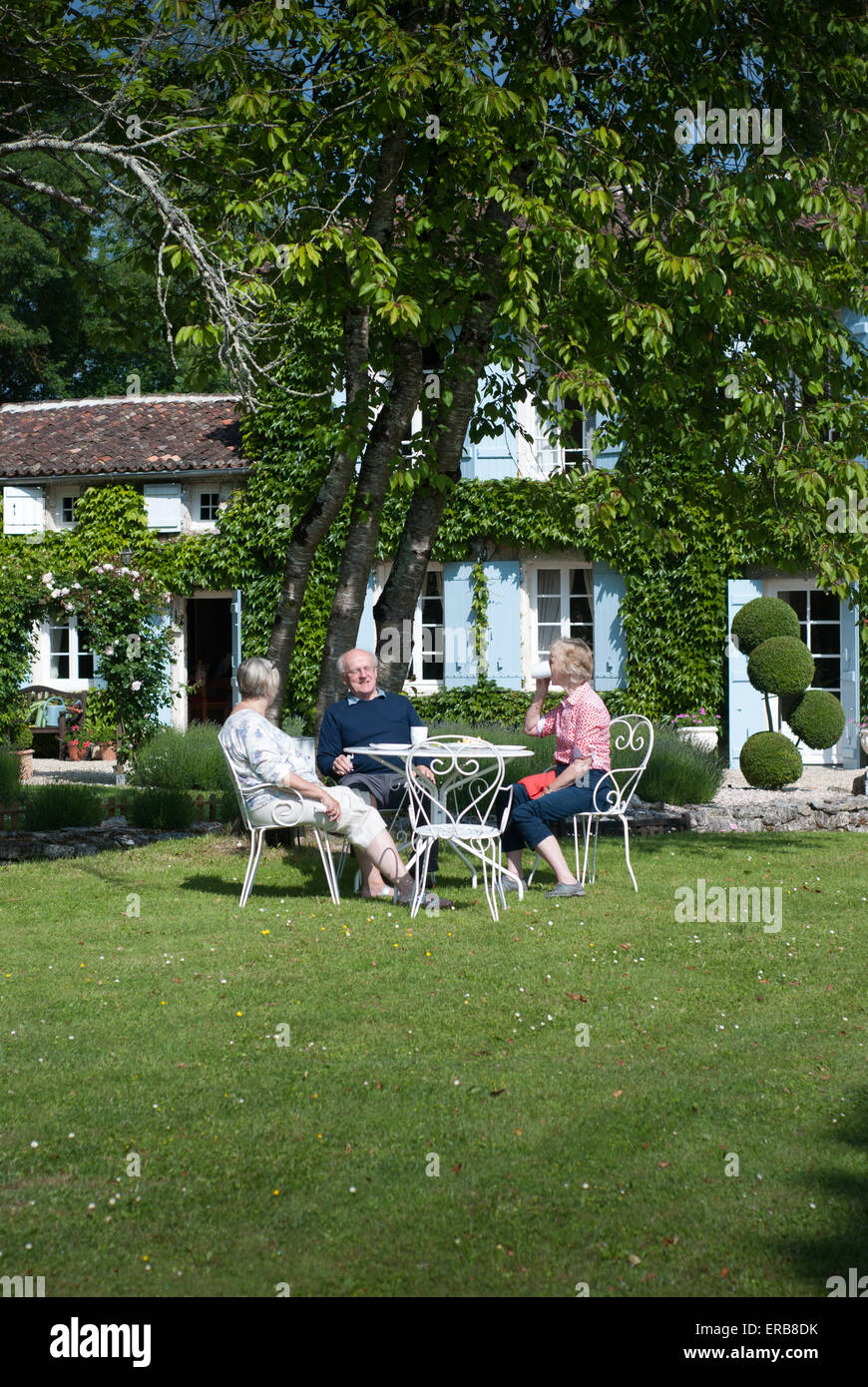 Diners on the lawn of a french country house Stock Photo