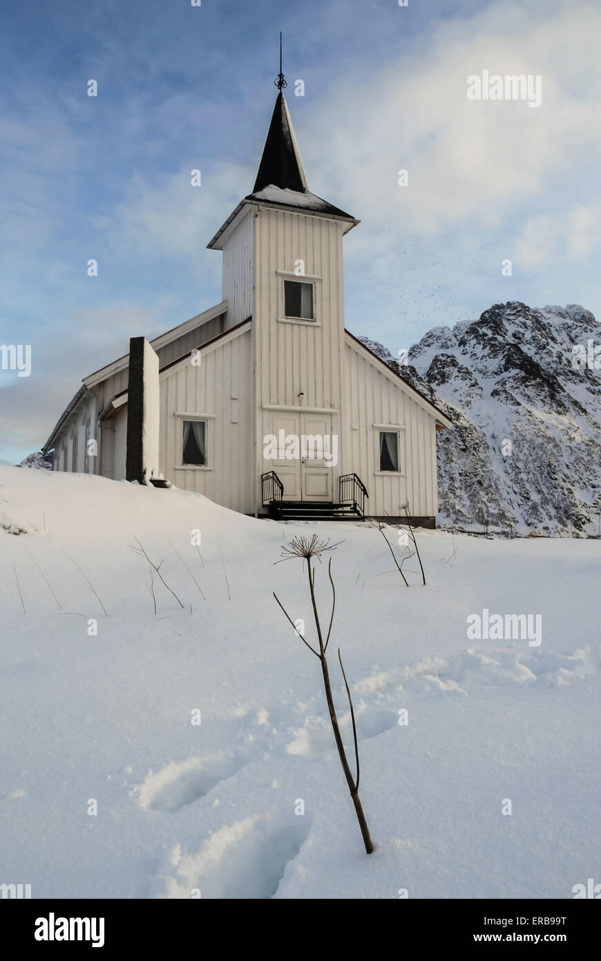 Vestpollen chapel in Austnesfjord, Lofoten Islands, Norway, Scandinavia, Europe Stock Photo