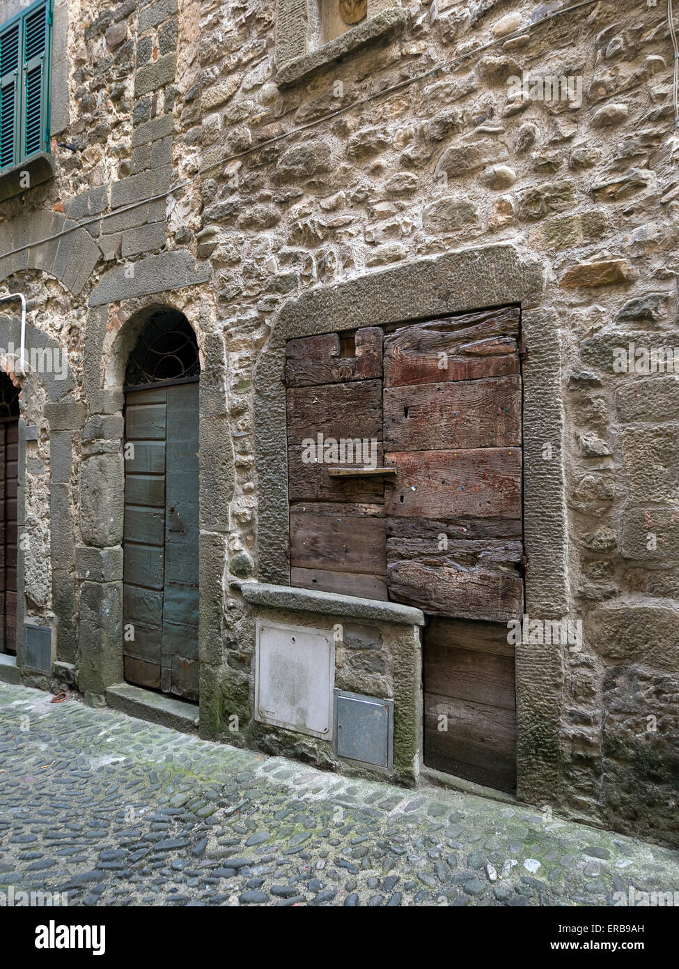 Villafranca in Lunigiana, Italy.  On the Via Francigena pilgrim route. Old town architecture detail. Stock Photo