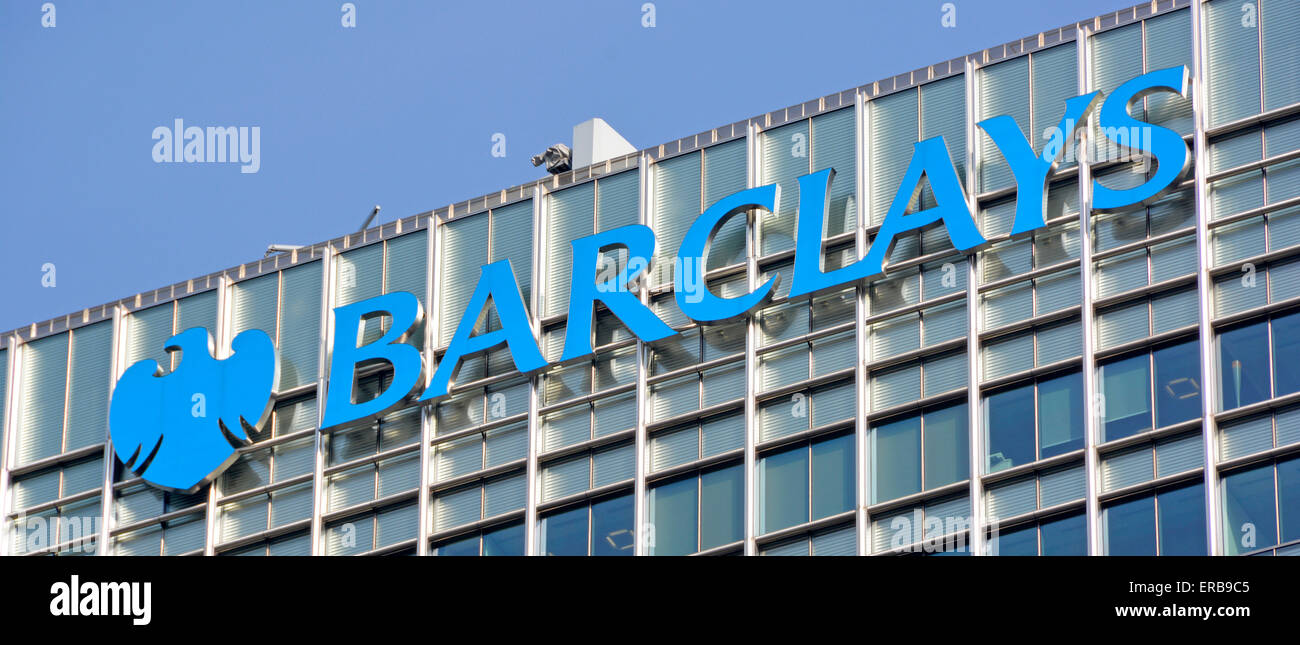 Barclays Bank roof level sign and logo on the Canary Wharf headquarters office building London England UK Stock Photo