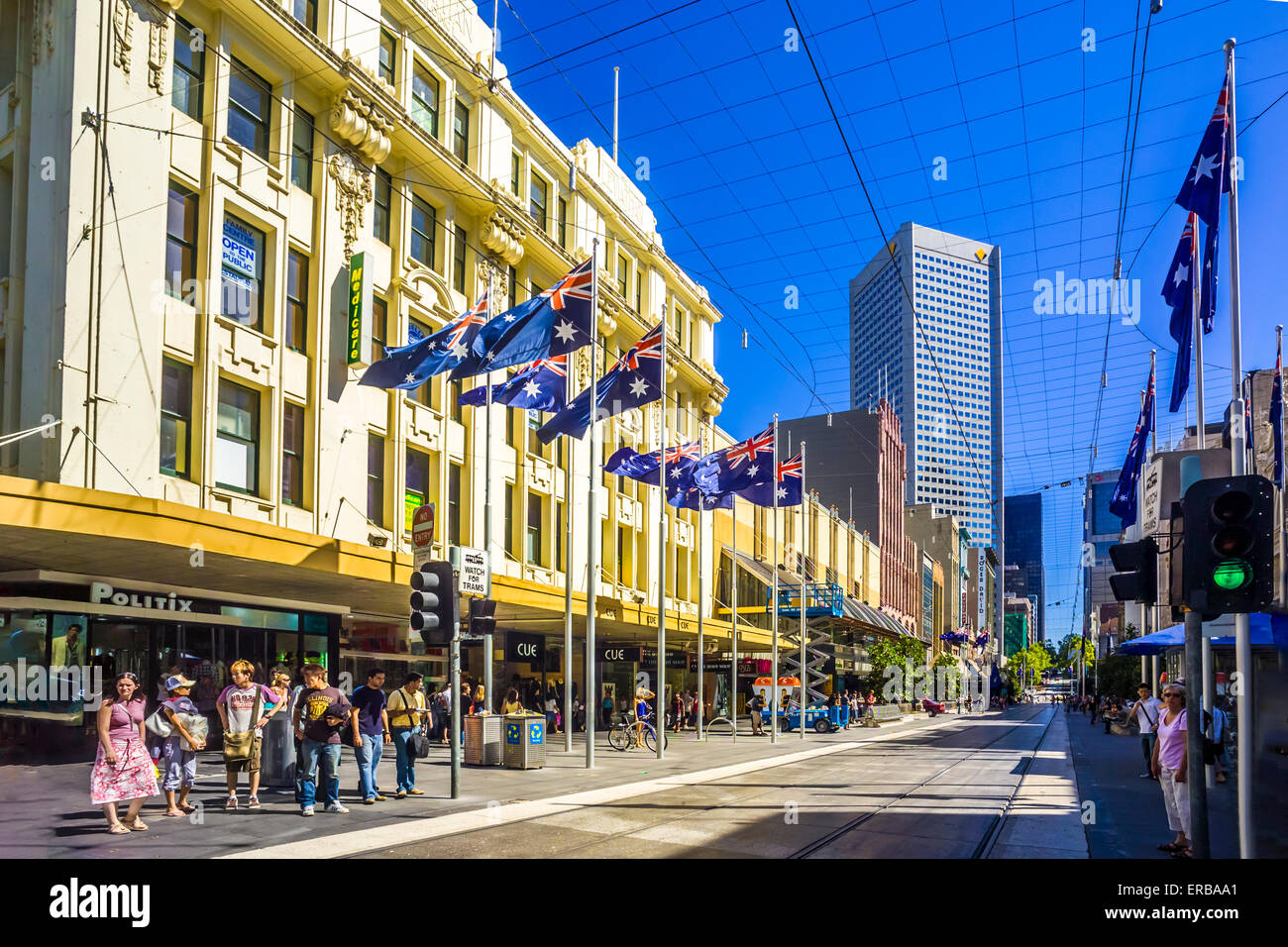 Shoppers in Bourke Street pedestrian shopping mall, Australian flags