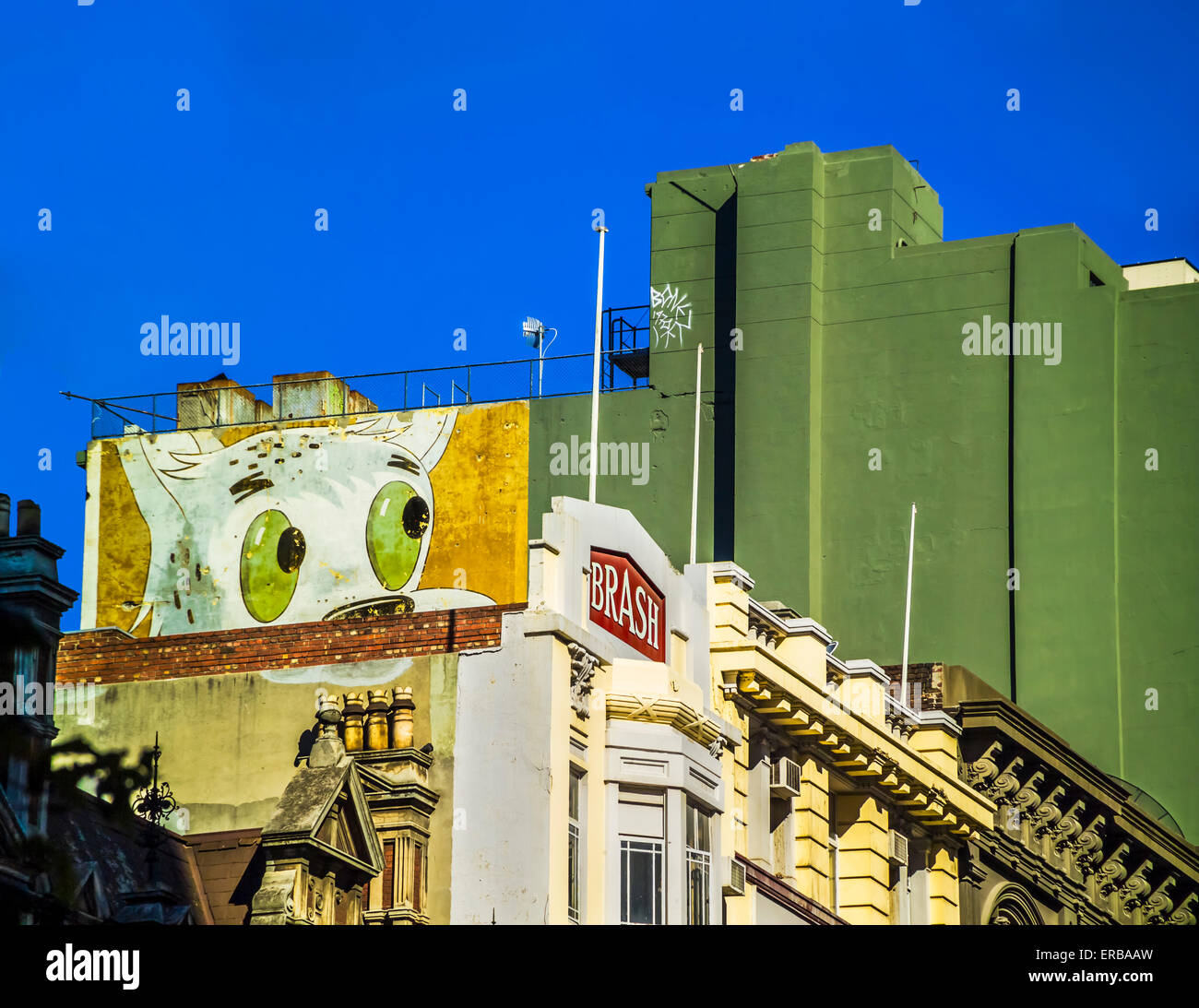 Large mural of cartoon fish on side of colourful green and yellow period architecture in Elizabeth Street Melbourne Australia Stock Photo