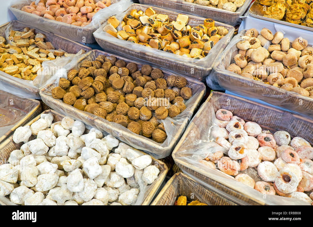 Different kinds of tasty italian pastry for sale Stock Photo Alamy