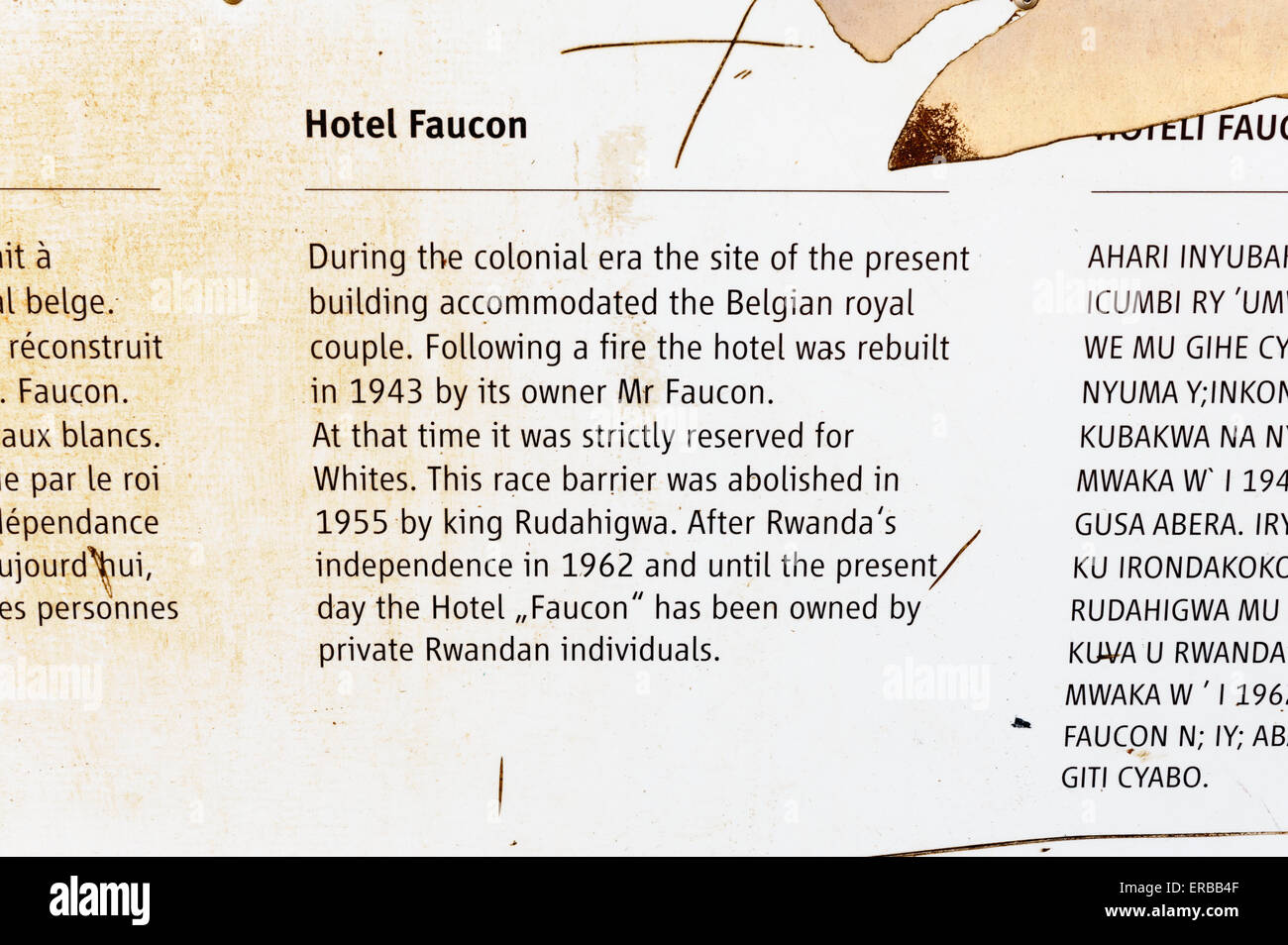 Plaque in front of Hotel Faucon, Butare, Rwanda. It was the private residence of the king and queen of Belgium during the colonial era. Stock Photo