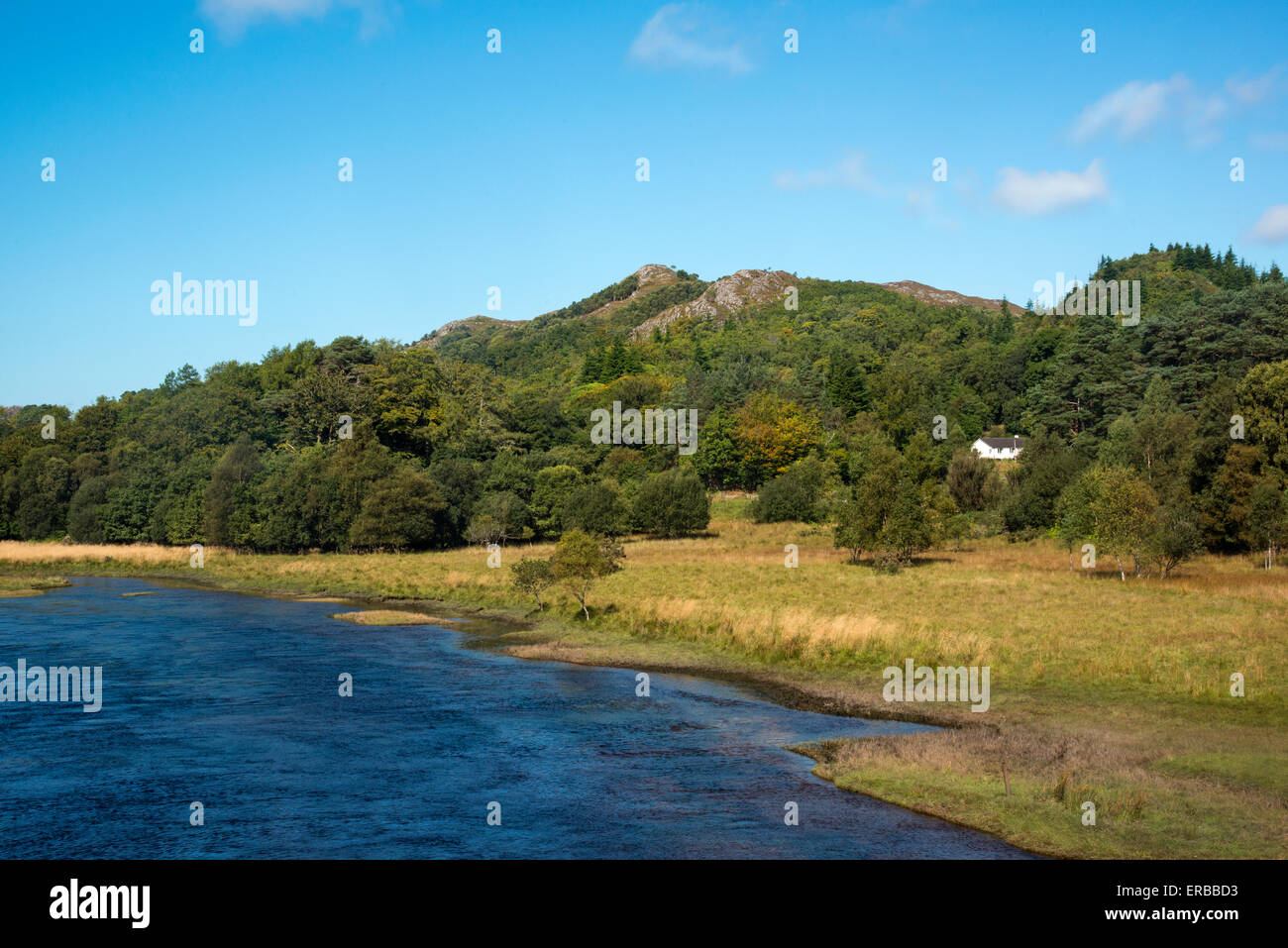 White Cottage Nestled Beneath Torr nan Muc and Overlooking The River Shiel. Stock Photo