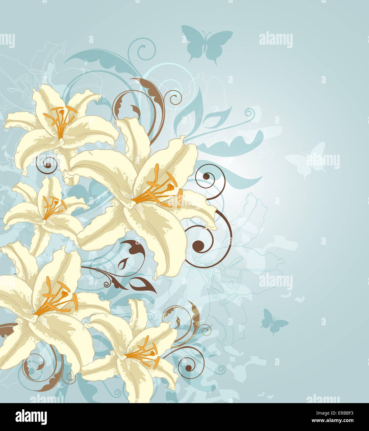 Blue background with flowers and butterflies Stock Photo - Alamy