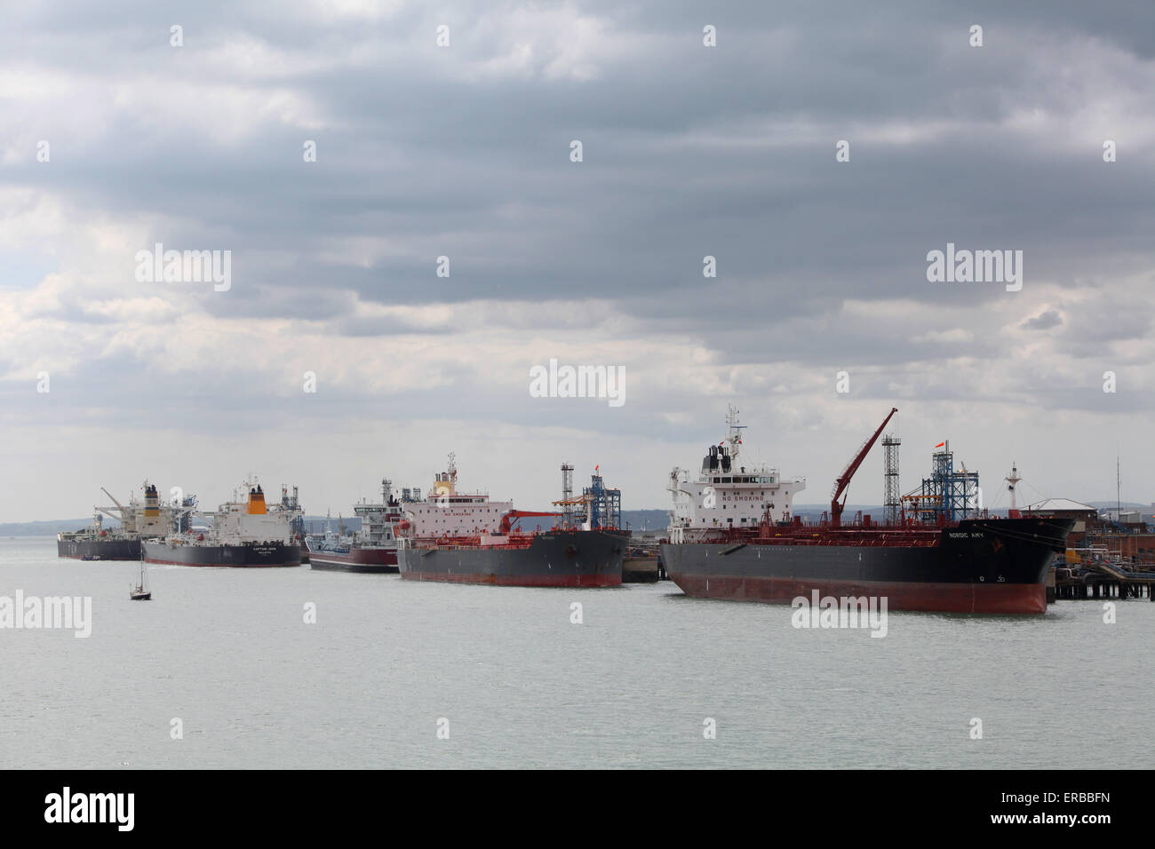 Oil Tankers lined up at Fawley Refinery (l-r) Antarctic, Captain John, Northern Ocean, Sextans and Nordic Amy Stock Photo