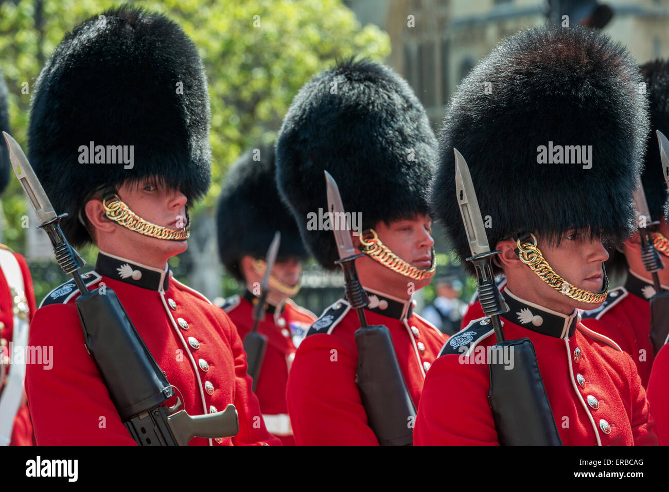 Soldiers from the Grenadier Guards in ceremonial red uniforms on duty at the State Opening of Parliament on a sunny day Stock Photo