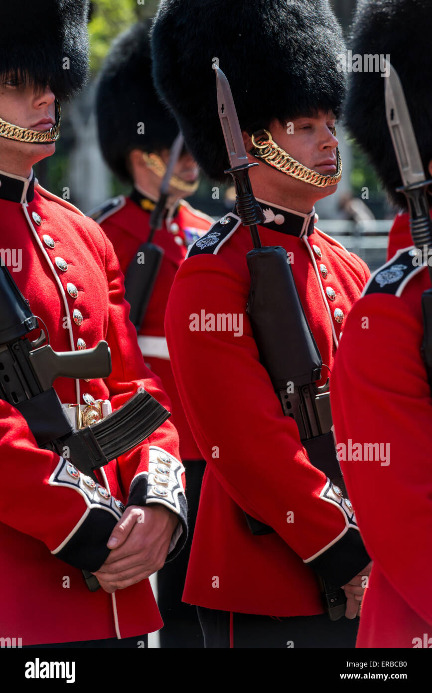 British soldiers wearing red ceremonial uniforms lined up on parade holding rifles Stock Photo