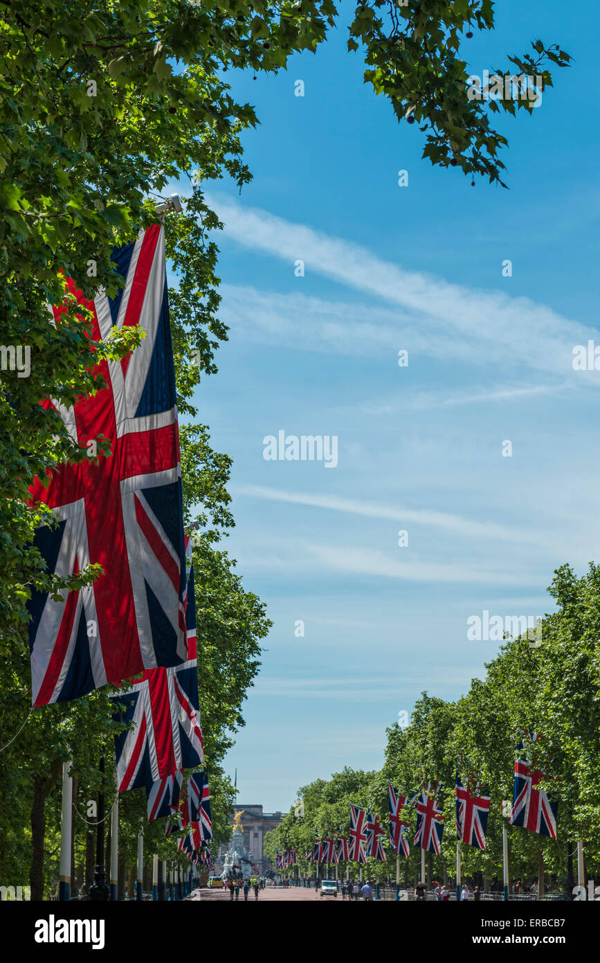 Union Jack flags line The Mall to Buckingham Palace in London on a sunny day Stock Photo